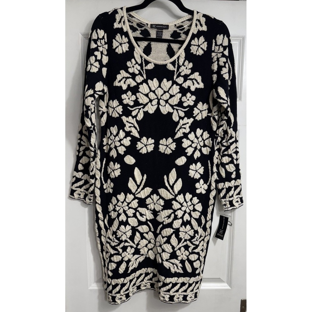 Classic Preppy Knit Wool Blend Sweater Dress Black‎ White Floral Sz Medium NWT